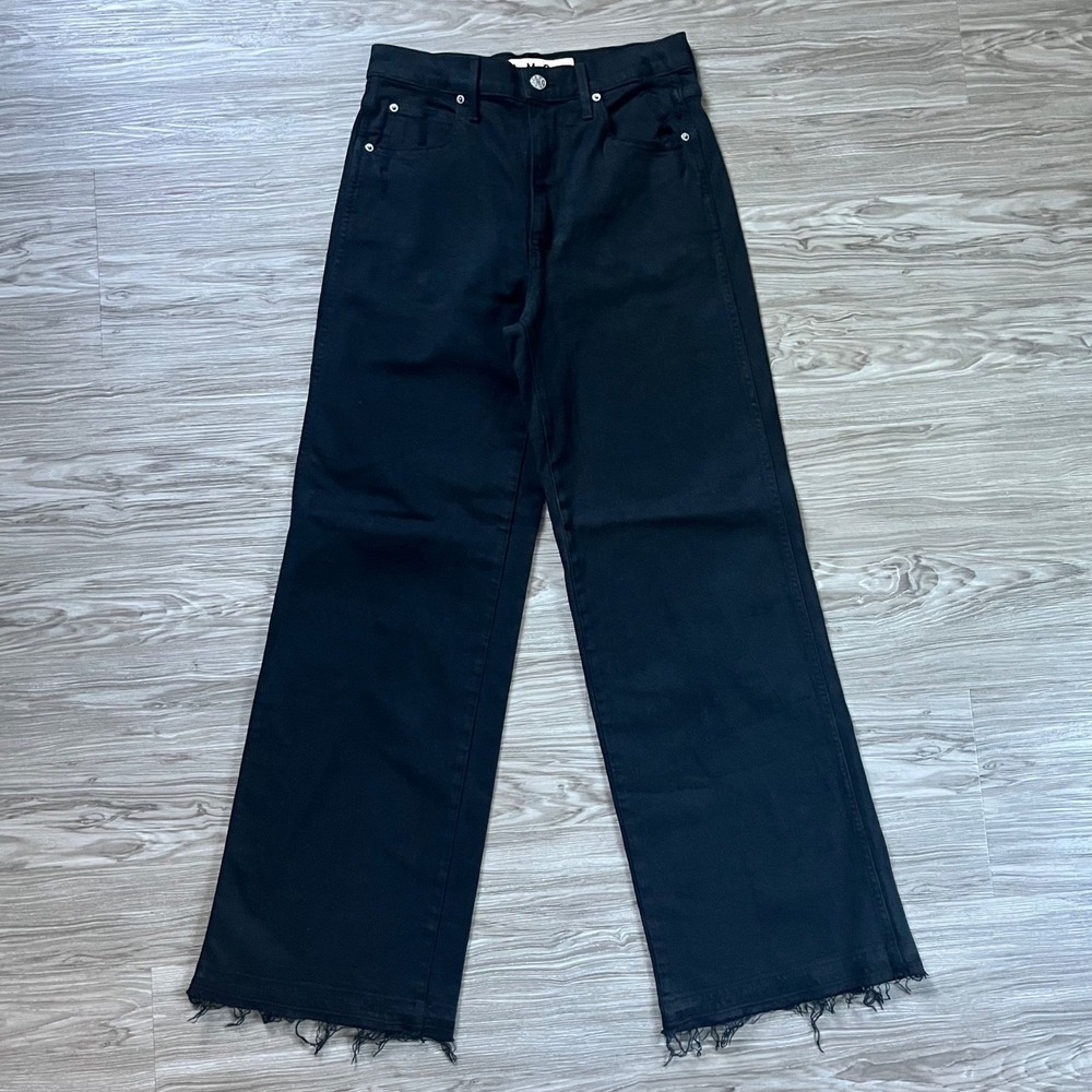 AMO Frida High Rise Wide Leg Jeans Black Raw Hem Size 29 Made in USA Distressed